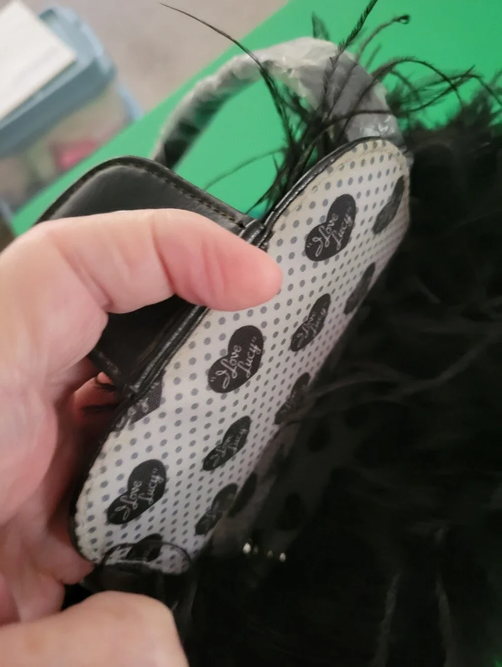 Unique Black “I Love Lucy” themed handbag w/black Ostrich Style Feathers